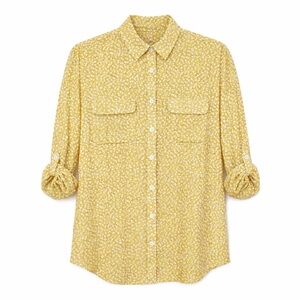 Ann Taylor LOFT Yellow Floral Button Down Blouse Small Semi Sheer Roll Tab L/S